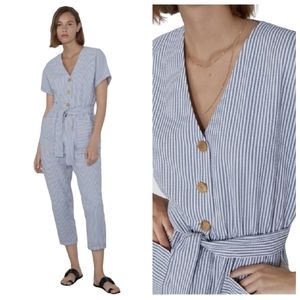 Zara Seersucker Jumpsuit Blue + White Striped Wood Button Front Tie Waist - M
